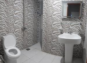 a bathroom with a toilet and a sink and a tv at River View Hotel in Heart of Muzaffarabad,213 in Muzaffarabad