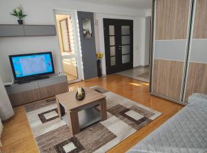 a living room with a tv and a coffee table at Apartament Alice & Denis in Tohanu Nou