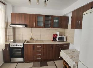 a kitchen with wooden cabinets and a sink and a microwave at Apartament Alice & Denis in Tohanu Nou