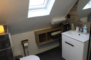 a bathroom with a sink and a toilet and a window at Gemütliche Wohnung in Mendig in Mendig +8 photos