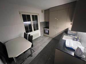 a small kitchen with a table and chairs and a sink at Central Living Brugg - Studio 12 in Brugg