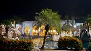a palm tree in front of a building at night at La Ensenada Beach Resort in Tela