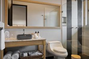 a bathroom with a toilet and a sink and a mirror at Tau House in Guatapé