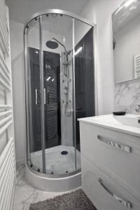 a bathroom with a shower and a sink at Tiny House Marie in Châtellerault