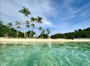 a view of a beach with palm trees and the ocean at Threeos Cabana in Boracay