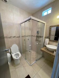 a bathroom with a shower and a toilet and a sink at Depa los corales 3 in Mezcales