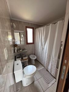 a bathroom with a toilet and a sink and a shower at Las Palomas in Trevelín +7 photos