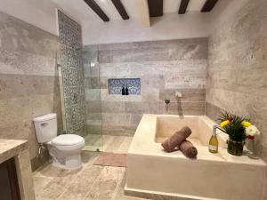 a bathroom with a bath tub and a toilet at Casa Lucia Valladolid in Valladolid