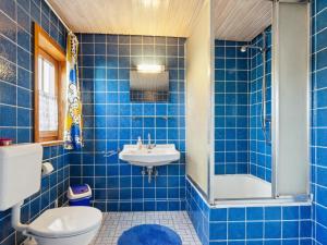 a blue tiled bathroom with a toilet and a sink at Schwermann in Schmallenberg +14 photos