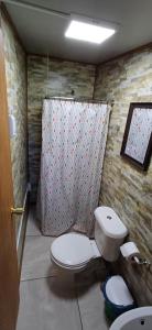 a bathroom with a toilet and a shower curtain at Hospedaje Picoyo in Pucón +65 photos