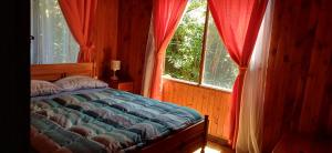 a bedroom with a bed in front of a window at Hospedaje Picoyo in Pucón