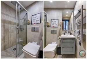 two pictures of a bathroom with a toilet and a shower at Chic Industrial Loft Quiet Garibaldi AC Balcony in Nice