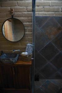 ein Badezimmer mit Dusche, Waschbecken und Spiegel in der Unterkunft Hangar 5 in San Lucas del Pulque