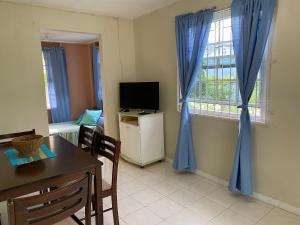 a living room with a table and a window with blue curtains at Ocean Sky Apartments in Christ Church