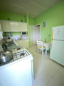 a kitchen with a stove and a white refrigerator at Ocean Sky Apartments in Christ Church