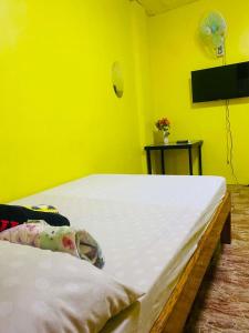 a yellow room with a bed and a tv at Landayan Traveller Inn in Baco Medio Island