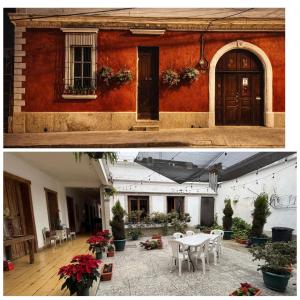 two pictures of a building with a table and chairs at CASA DE LAS FLORES in Guatemala