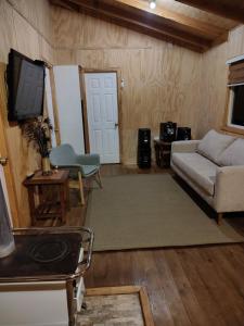 a living room with a couch and a tv at Cabañas Entrelagos - Naturaleza , parrilla y tranquilidad cerca de Huilo -Huilo in Choshuenco