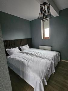 a bedroom with a bed with white sheets and a window at Jois Apartments Periam in Periam