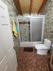 a small bathroom with a toilet and a window at Cabañas El Rincón De Huallerupe in Melipeuco