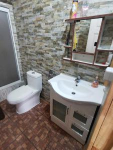 a bathroom with a white toilet and a sink at Cabañas El Rincón De Huallerupe in Melipeuco