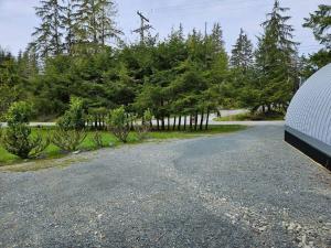 a gravel driveway with trees in the background at Stylish Cabin Escape w - Kitchenette & Ensuite Bath in Port Renfrew