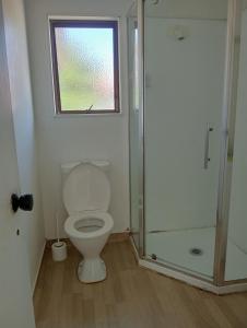 a bathroom with a toilet and a glass shower at Budget accommodations 2 in Papamoa