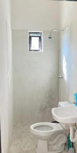 a white bathroom with a toilet and a sink at Posada de pasada in Iguala de la Independencia