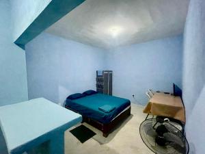 a blue room with a bed and a desk at Posada de pasada in Iguala de la Independencia