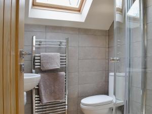 a bathroom with a toilet and a sink at Magpie's Rest in Horrabridge