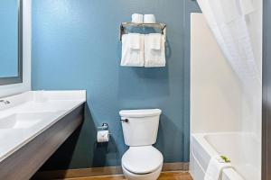 a bathroom with a toilet and a sink and a tub at WoodSpring Suites Naples East in Naples +19 photos