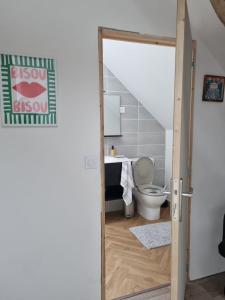 a bathroom with a toilet and a staircase at Zen suite Moulin de Vilaine in Châteauroux