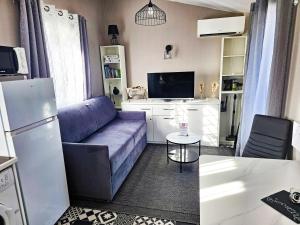 a living room with a blue couch and a tv at La maisonnette de Pizancon in Chatuzange-le-Goubet