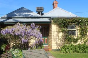 
a garden with flowers and a bench in front of it at Benambra Bed & Breakfast in Queenscliff
