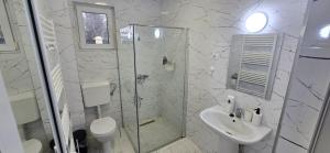a white bathroom with a shower and a sink at Casa Campionilor in Hodoşa +27 photos