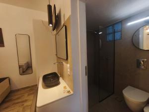 a bathroom with a toilet and a sink and a shower at VILLA VASILIS ORNOS in Mikonos +43 photos
