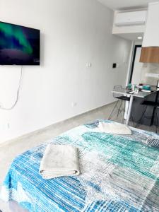 a bedroom with a bed with a tv on the wall at Riverside studio in Iskele in Dherinia