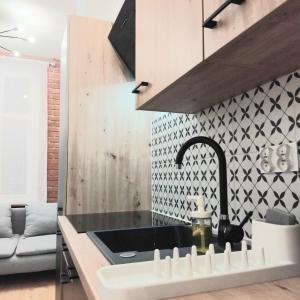 a kitchen with a sink and a black and white wall at Klonowicza UP in Leszno