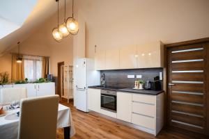 a kitchen with white cabinets and a white refrigerator at Apartmánový dom Budiná in Budiná