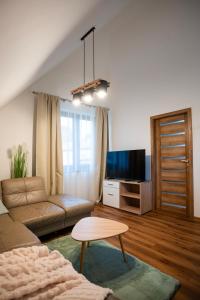 a living room with a couch and a tv at Apartmánový dom Budiná in Budiná