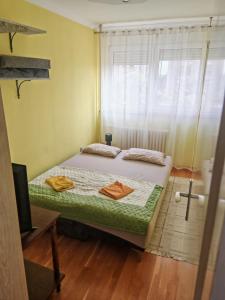 a small bedroom with a bed and a window at Apartman Radaković in Subotica