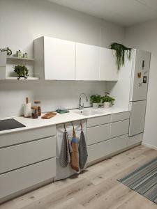 a kitchen with white cabinets and a sink at Eksklusiv villalejlighed m/ have in Holme