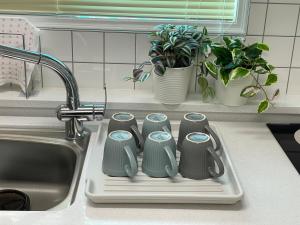 a kitchen counter with a sink with four cups at Mapo Panorama Stay in Seoul +62 photos