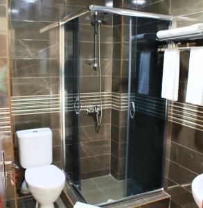 a bathroom with a toilet and a glass shower at Rogalux Blue in Tbilisi City