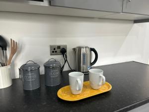 a counter with two coffee mugs on a plate at S5 Private Ensuite Room for Professionals AND contractors LNG Grain digs in Gillingham