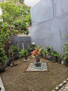 a courtyard with a fountain with trees and plants at Omah Semaki in Yogyakarta