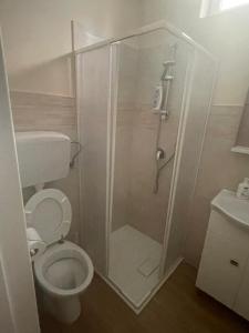 a bathroom with a shower with a toilet and a sink at Casa vacanze da Savio in Trani