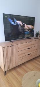 a flat screen tv sitting on top of a wooden entertainment center at Apartament Sobieskiego nr 3, bezpłatny parking in Świebodzin