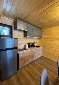 a kitchen with a stainless steel refrigerator and wooden walls at Cabana De Peste Gard in Topliţa +1 photo