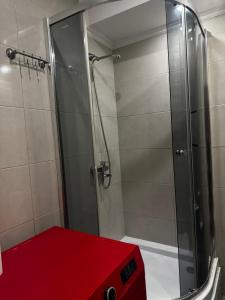 a shower with a red stool in a bathroom at Jarosta Premium Hotel in Chişinău
